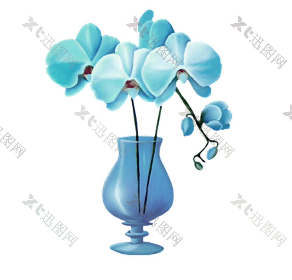 手绘蓝色蝴蝶兰花瓶素材图片