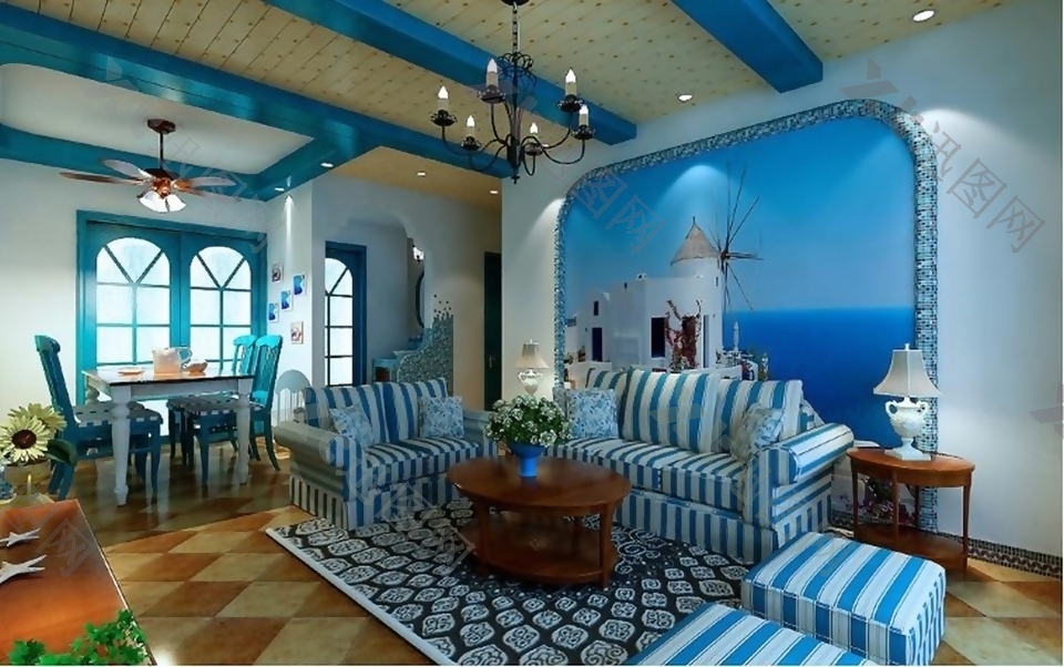 蓝白地中海风室内设计客厅效果图JPG源文件