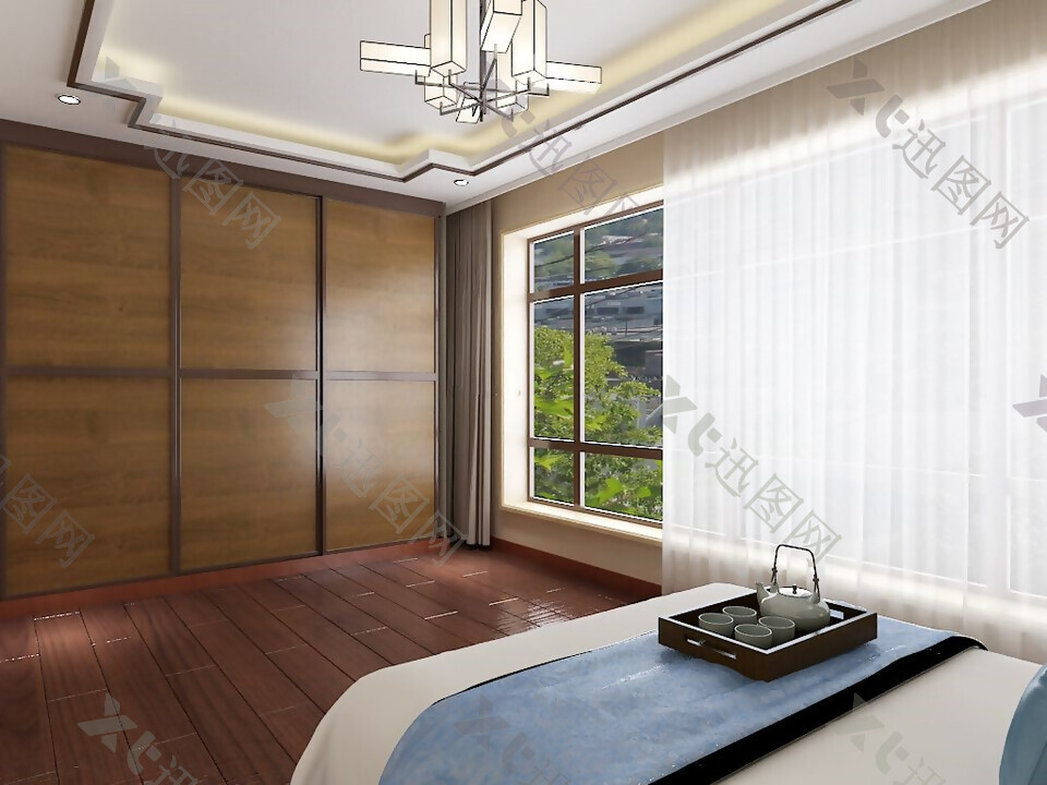现代中式别墅卧室白色窗帘装修效果图