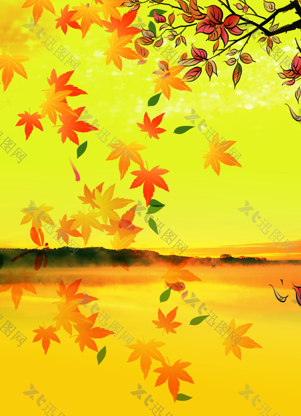 秋季枫叶飘落黄色背景