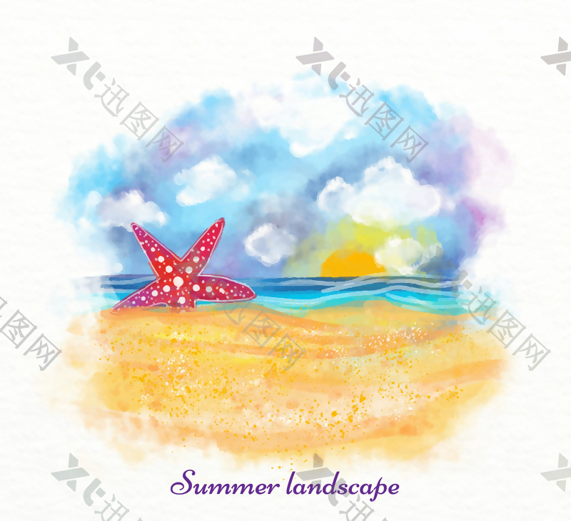 彩绘夏季沙滩风景矢量