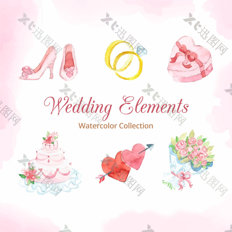 水彩手绘婚礼婚庆图标设计
