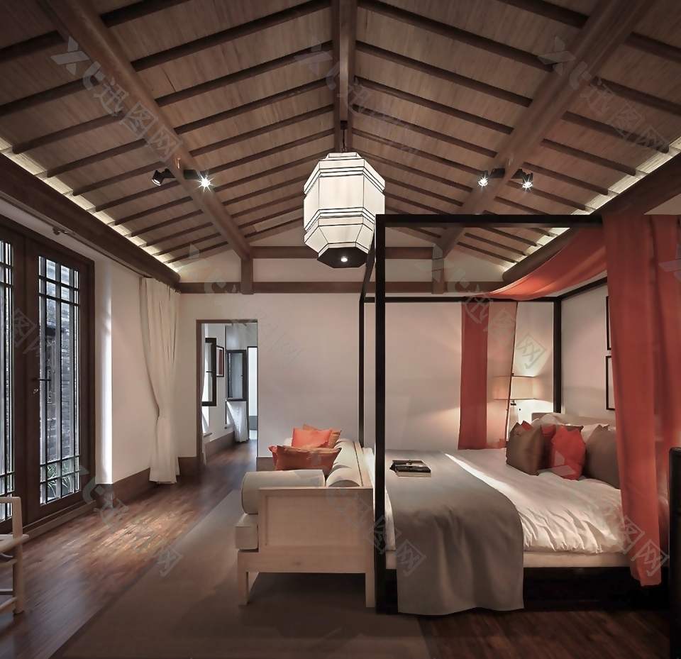 古朴中国风风格卧室吊灯别墅效果图设计
