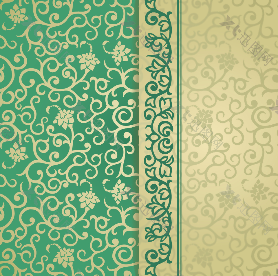 绿色花纹花卉金色底纹矢量素材背景