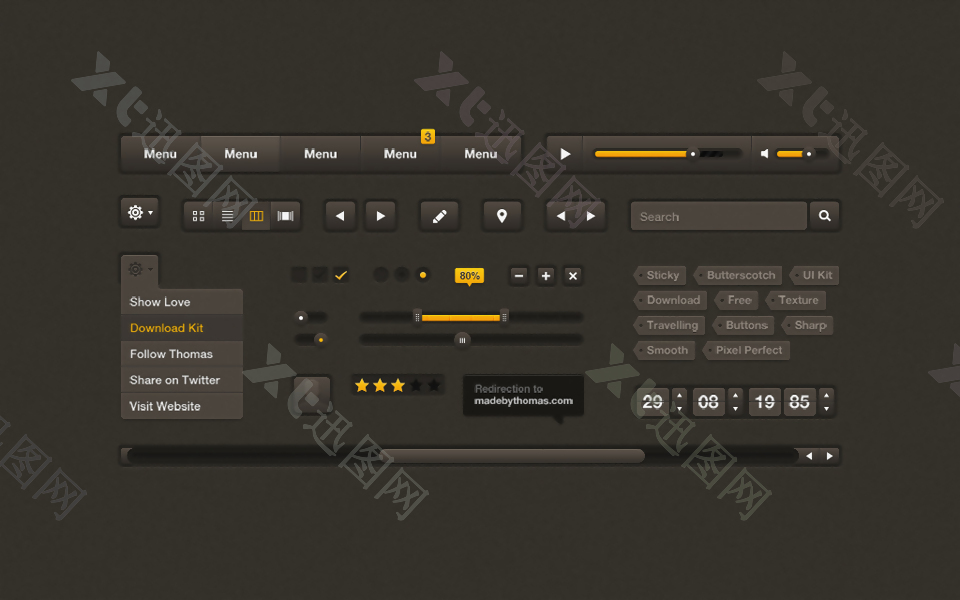 棕色网页导航音乐播放器下拉框滑块按钮素材