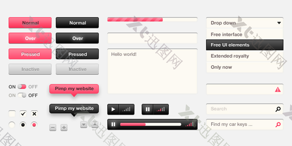 粉色的网页按钮进度条下拉框素材设计