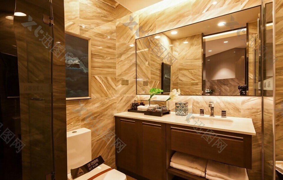 现代欧式浴室台盆大理石墙面效果图