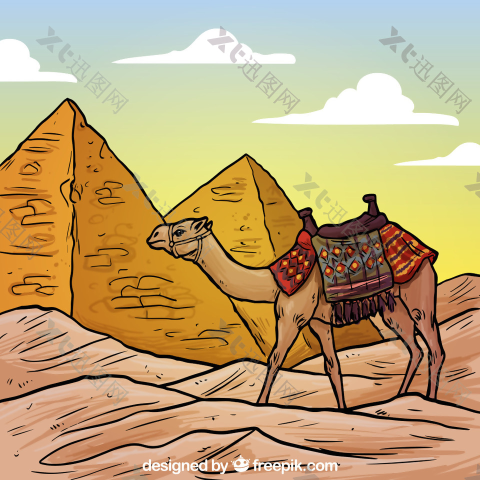 彩绘埃及金字塔和骆驼矢量素材