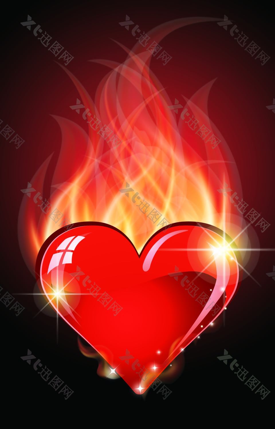 红色爱心上燃烧的火焰背景素材