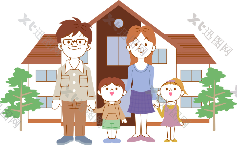 房子前幸福的一家人插画