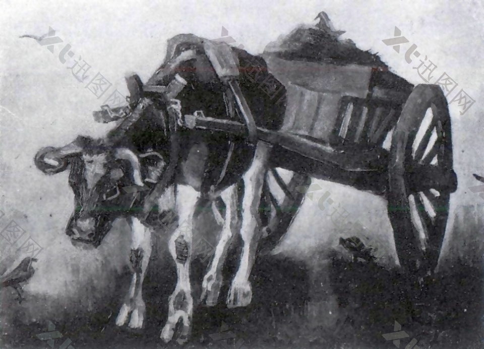 行驶的牛车黑白素描油画装饰画