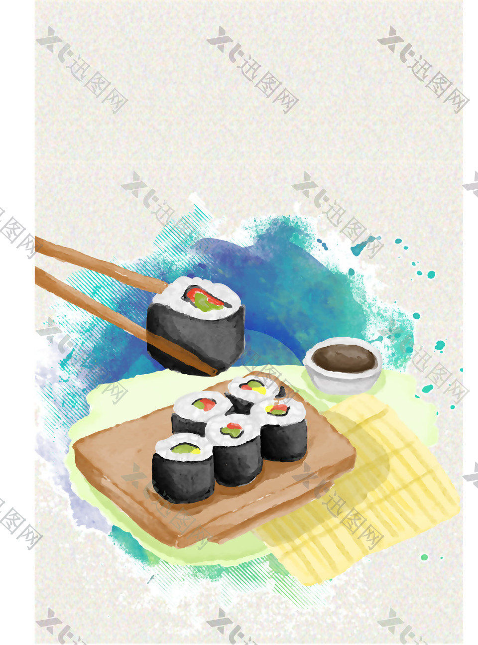 日式寿司料理手绘美食海报菜单矢量背景