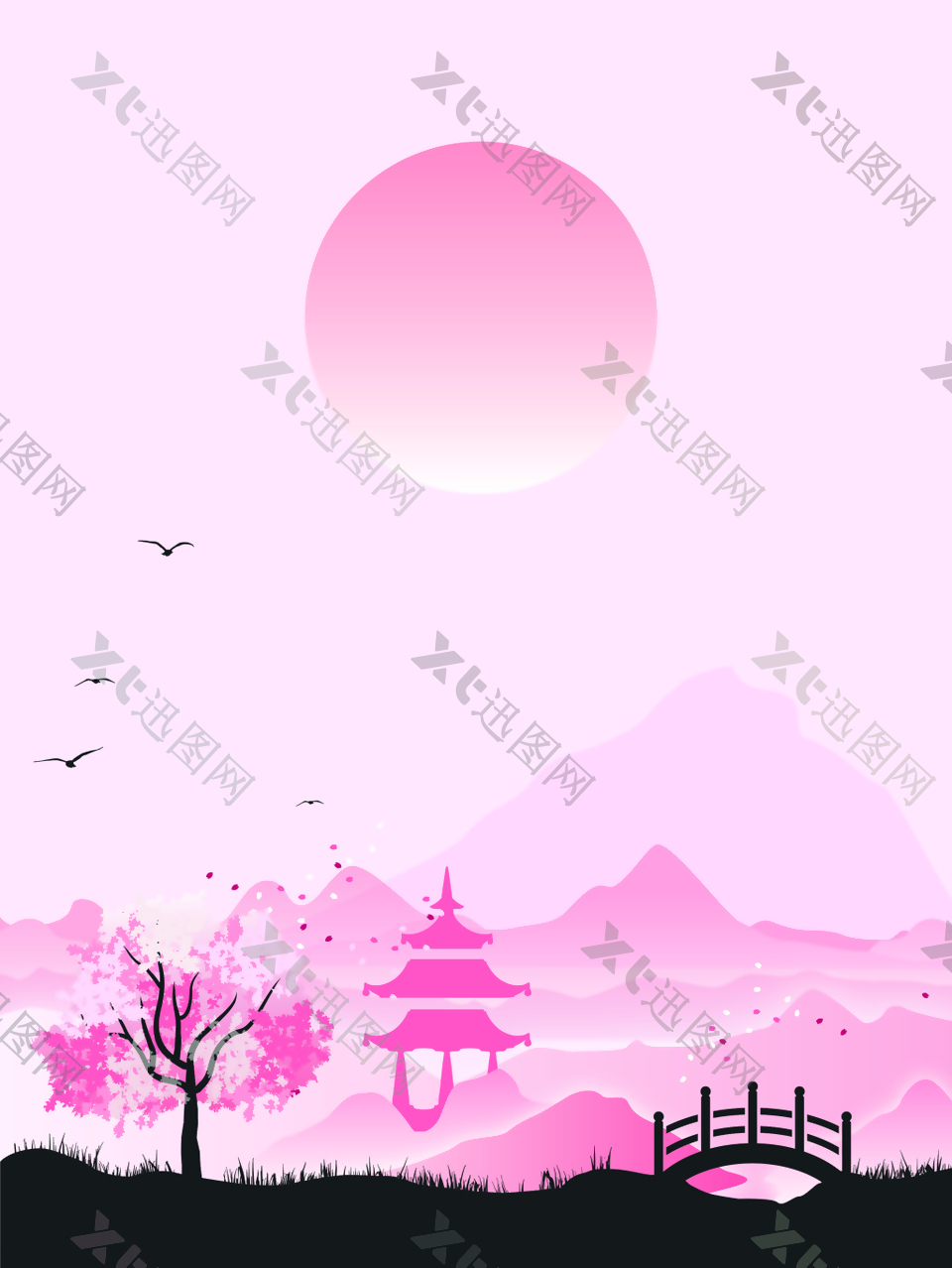 矢量中国风粉红色风景背景