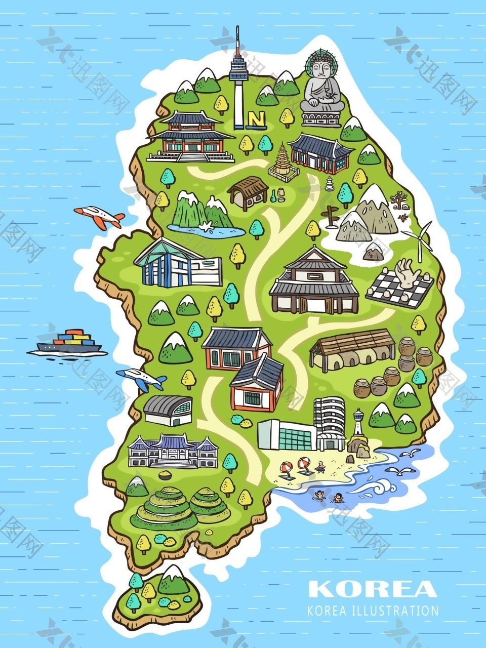 手绘矢量旅游韩国大佛景点地图海报背景
