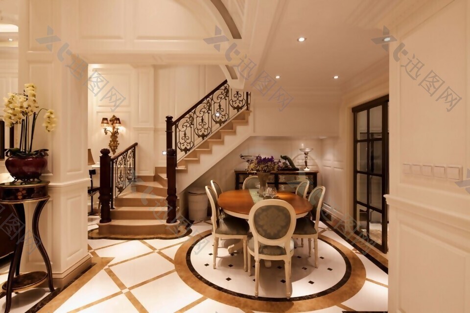 室内餐厅楼梯地砖现代豪华装修效果图