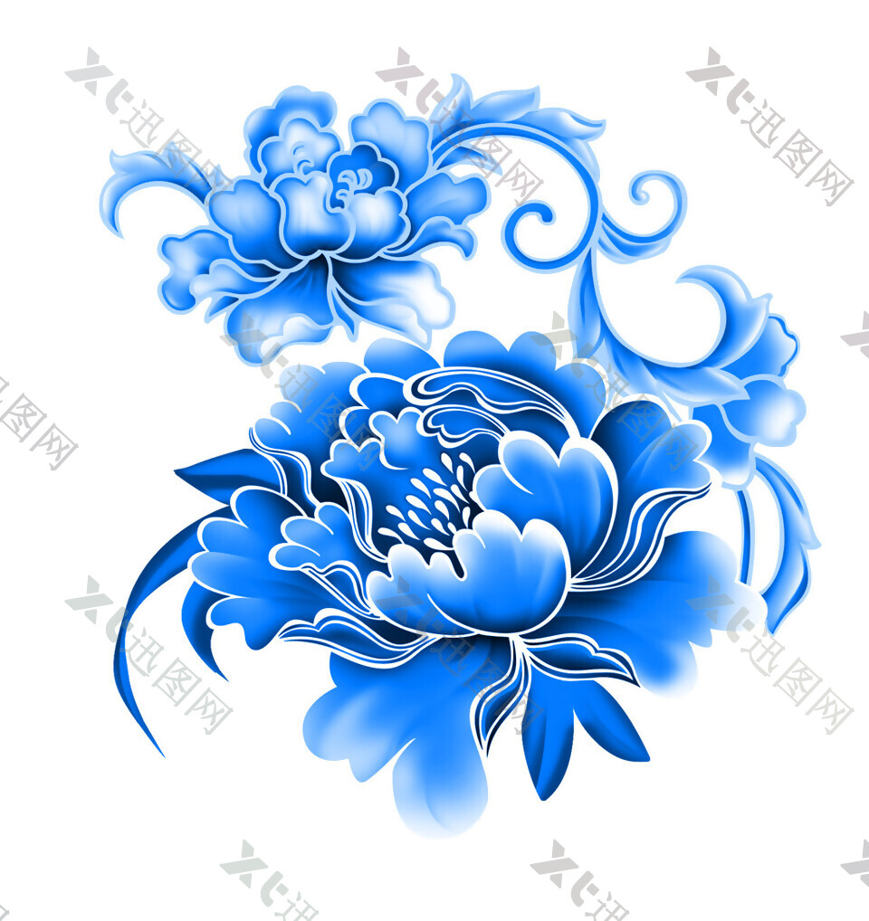 蓝色花朵青花瓷元素素材