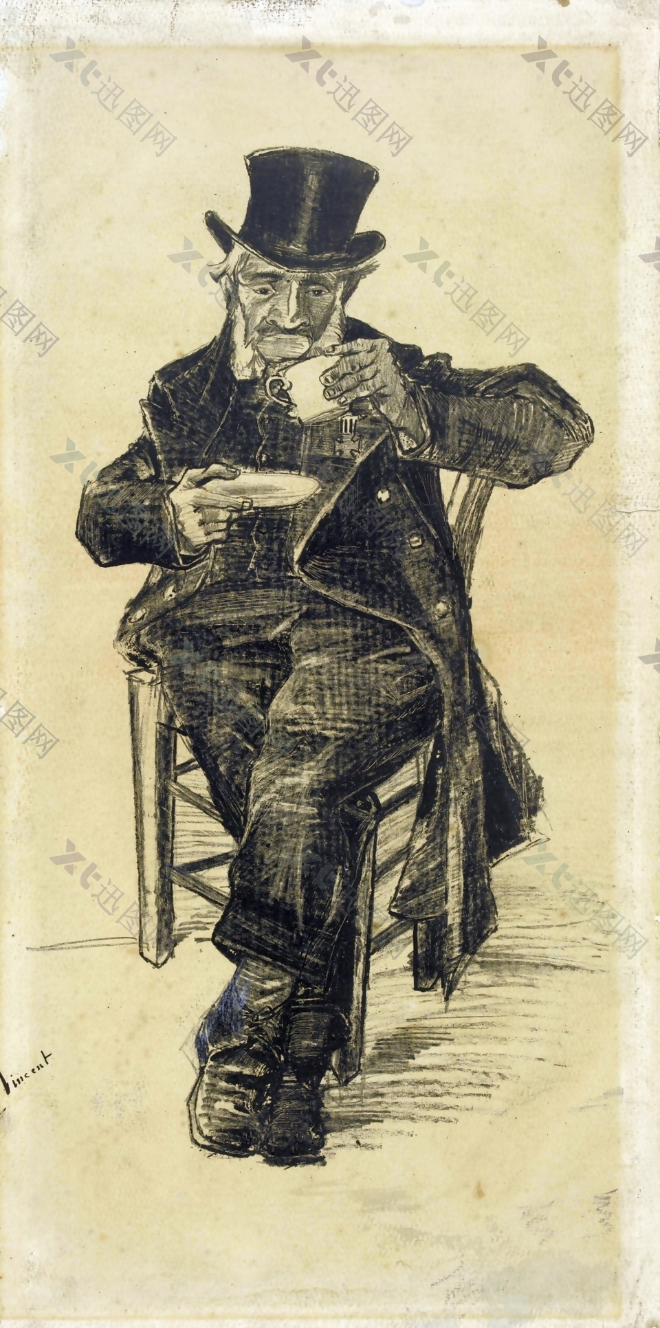 椅子上喝茶的男人装饰画