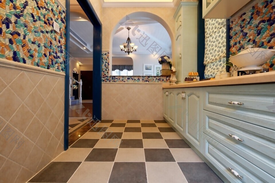 简约风室内设计厨房格子地砖效果图