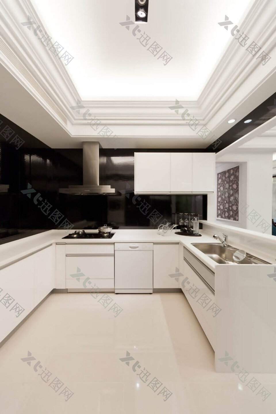 现代简约风室内设计餐厅白色整体橱柜效果图JPG