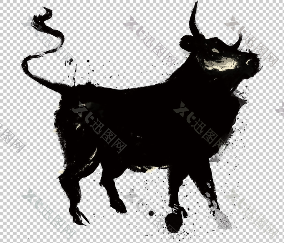 手绘黑色公牛免抠png透明图层素材