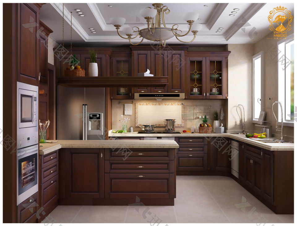 美式原木厨房橱柜实景效果图
