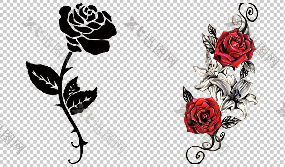 手绘玫瑰纹身免抠png透明图层素材