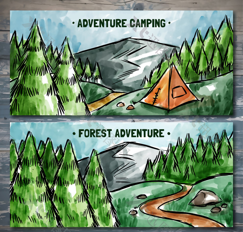 2款彩绘森林探险风景矢量图