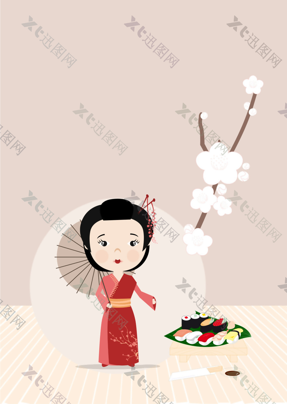 矢量日本寿司女孩樱花背景