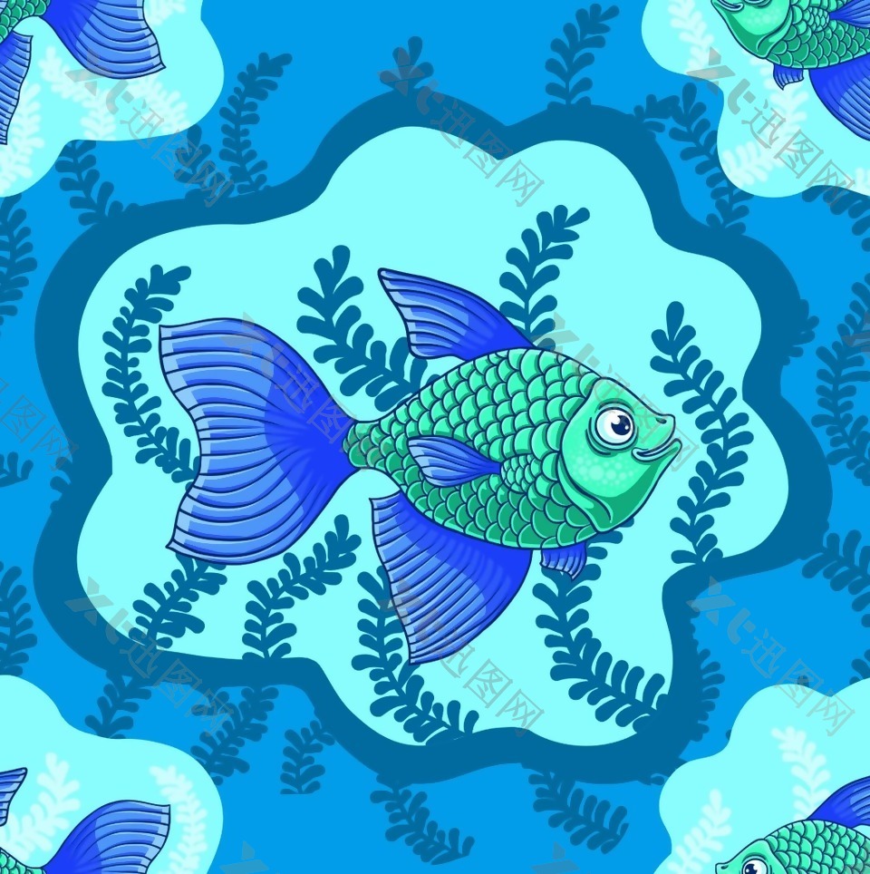 蓝色手绘可爱金鱼图案