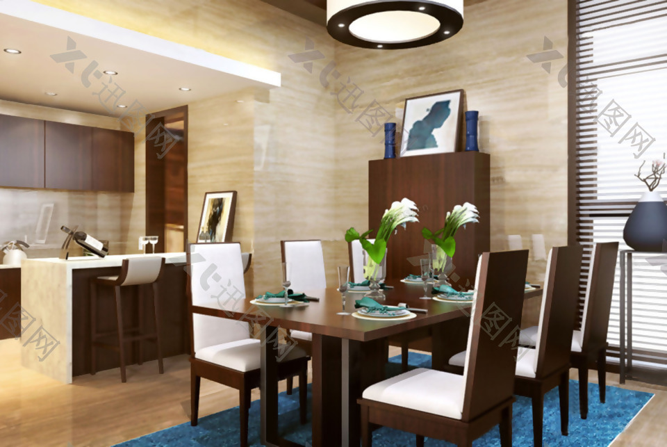 深色现代新中式餐厅成套餐桌椅3D模型素材设计