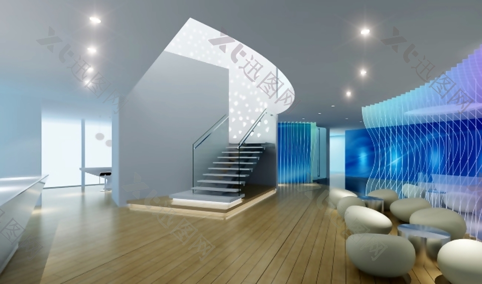 现代简约科技感室内楼梯地板效果图