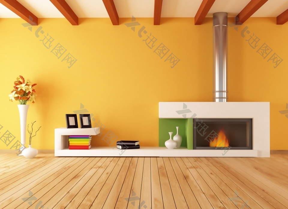 现代简约客厅壁炉亮黄色墙面家装室内效果图