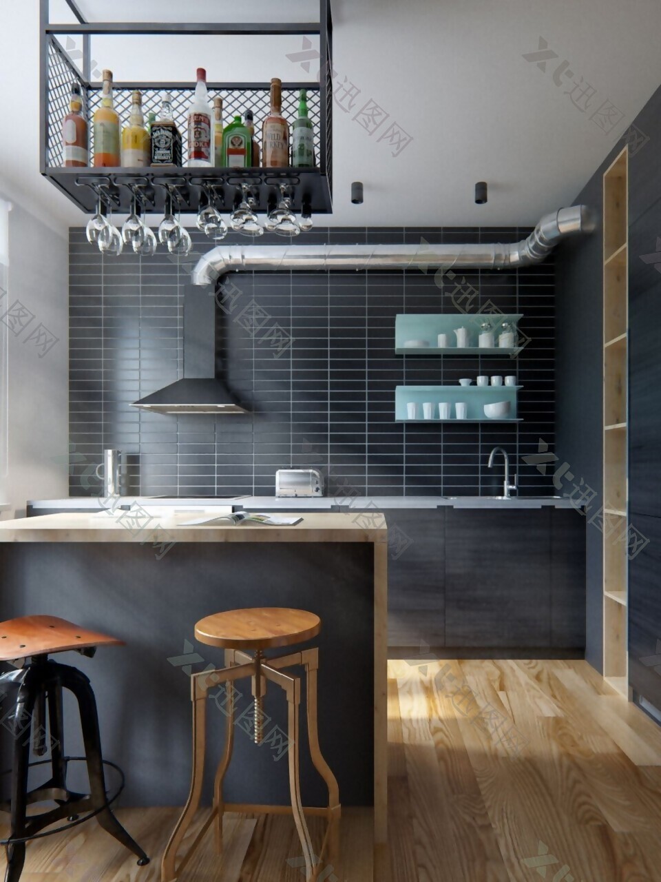 经典大气美式厨房黑色砖墙装修效果图