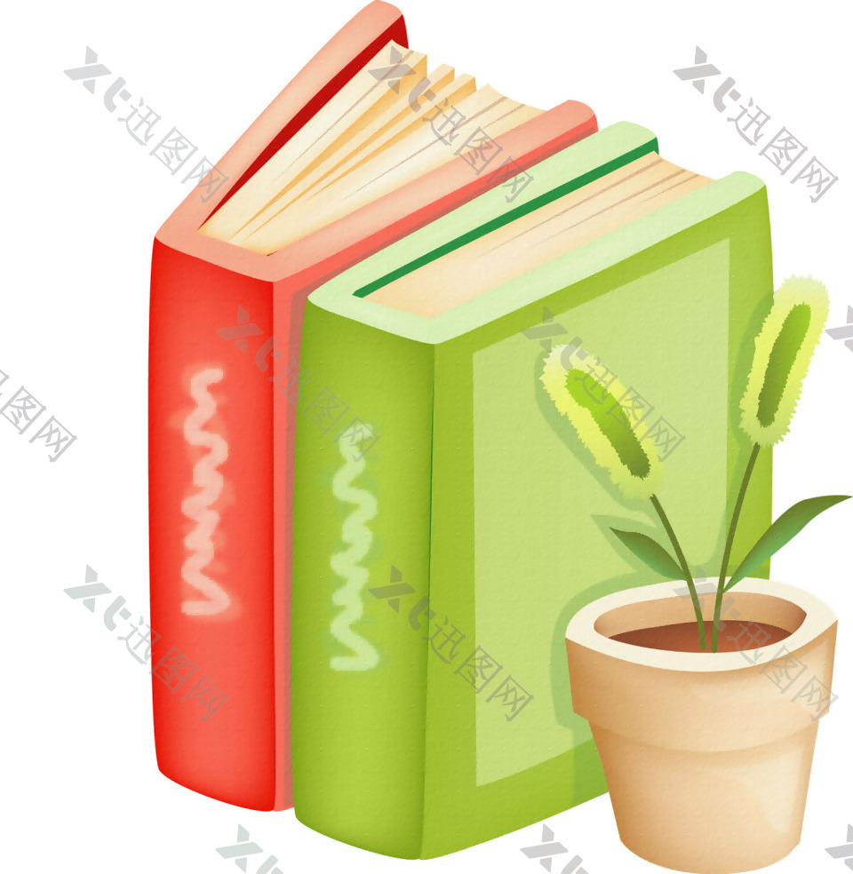 儿童卡通书本绿植png元素素材