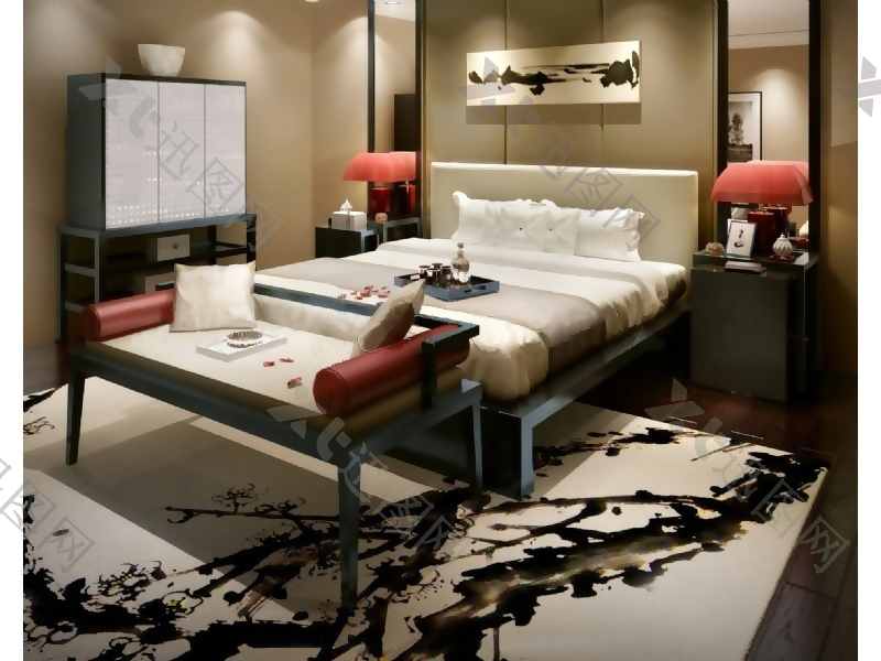 新中式室内设计卧室大床3d模型效果