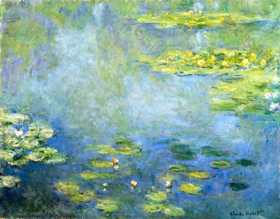 池塘里漂浮的莲叶油画