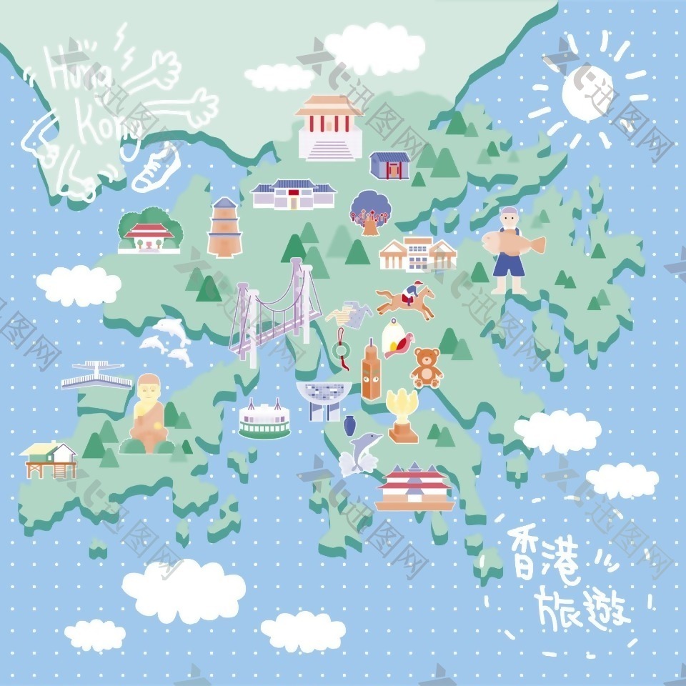 手绘矢量旅游香港景点蓝色大海地图海报背景