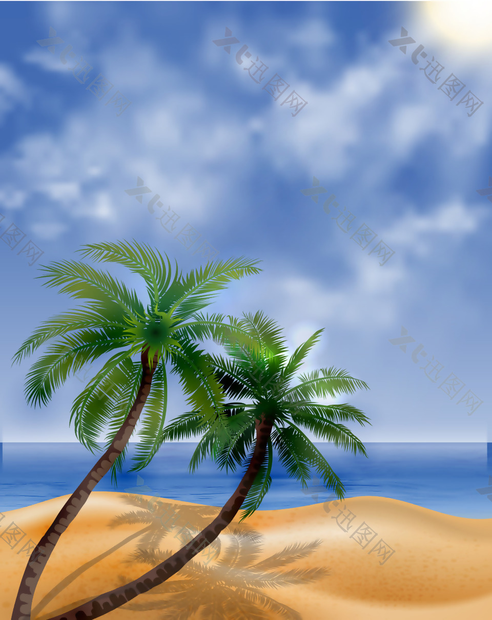 矢量夏日清新椰岛椰树海滩背景素材