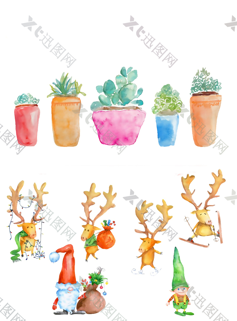 手绘盆栽图片素材和圣诞卡通形象