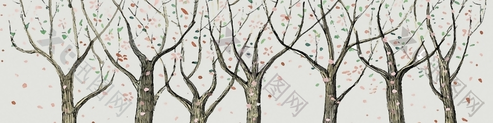 手绘彩绘树干枯树树叶掉落装饰画
