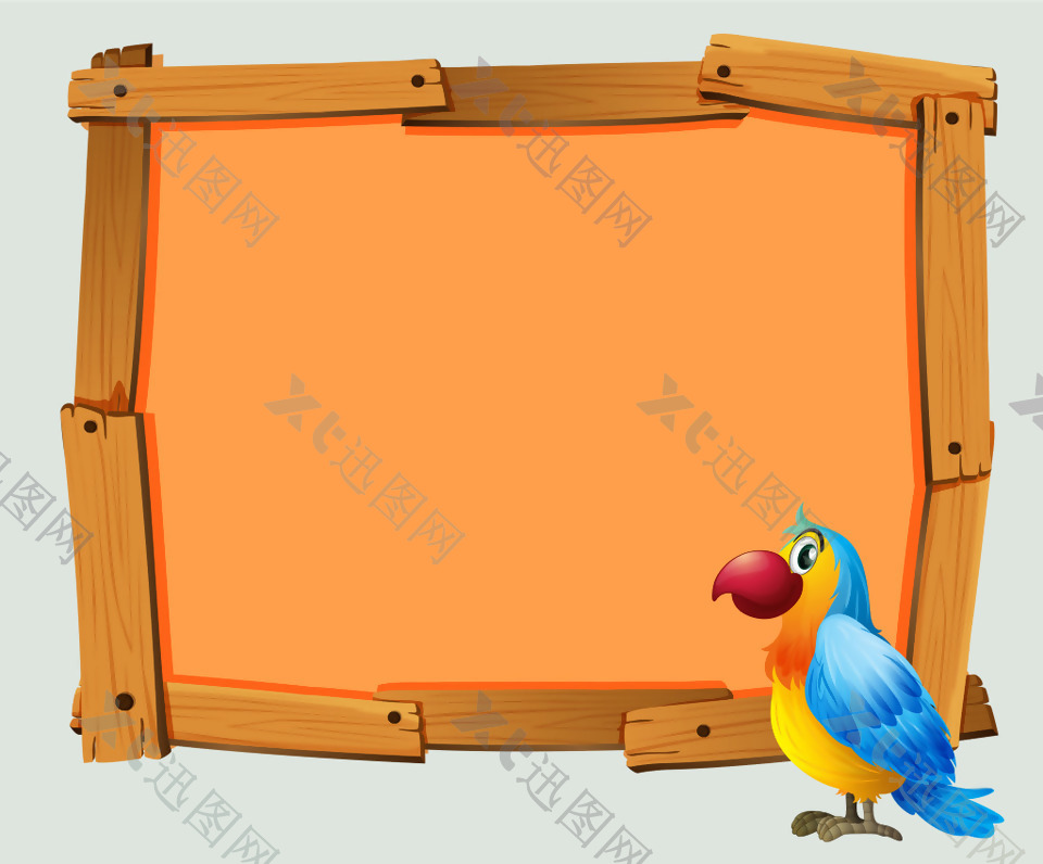 矢量橙色创意木板边框鹦鹉背景素材