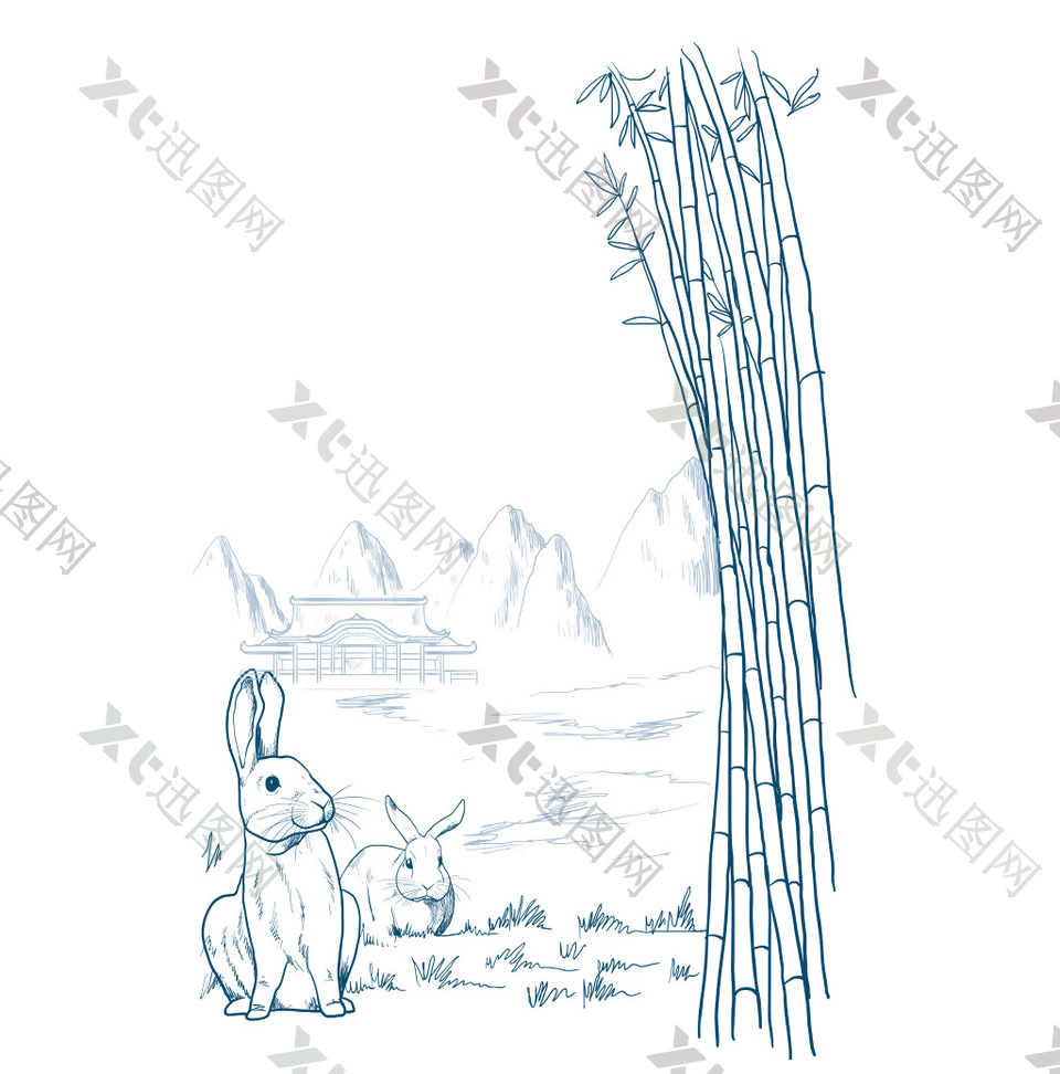 手绘的竹林兔子