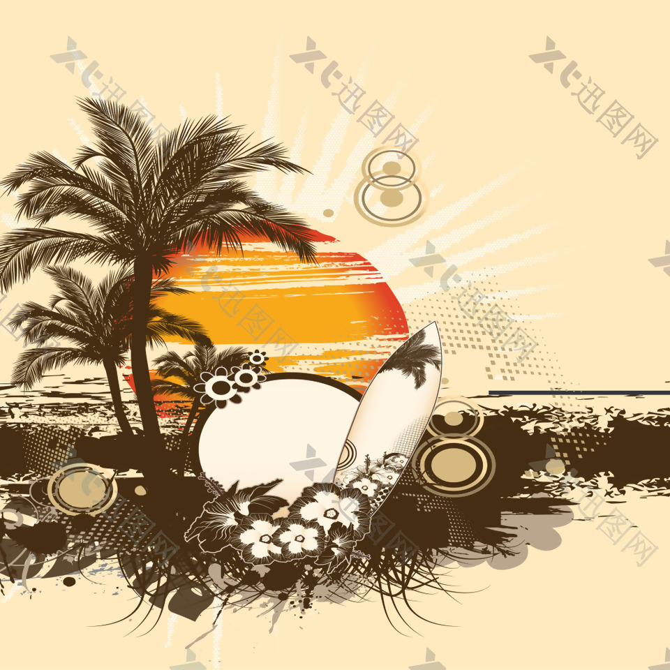 手绘阳光沙滩椰树背景