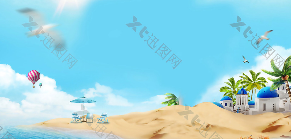 大海沙滩椰树banner背景素材