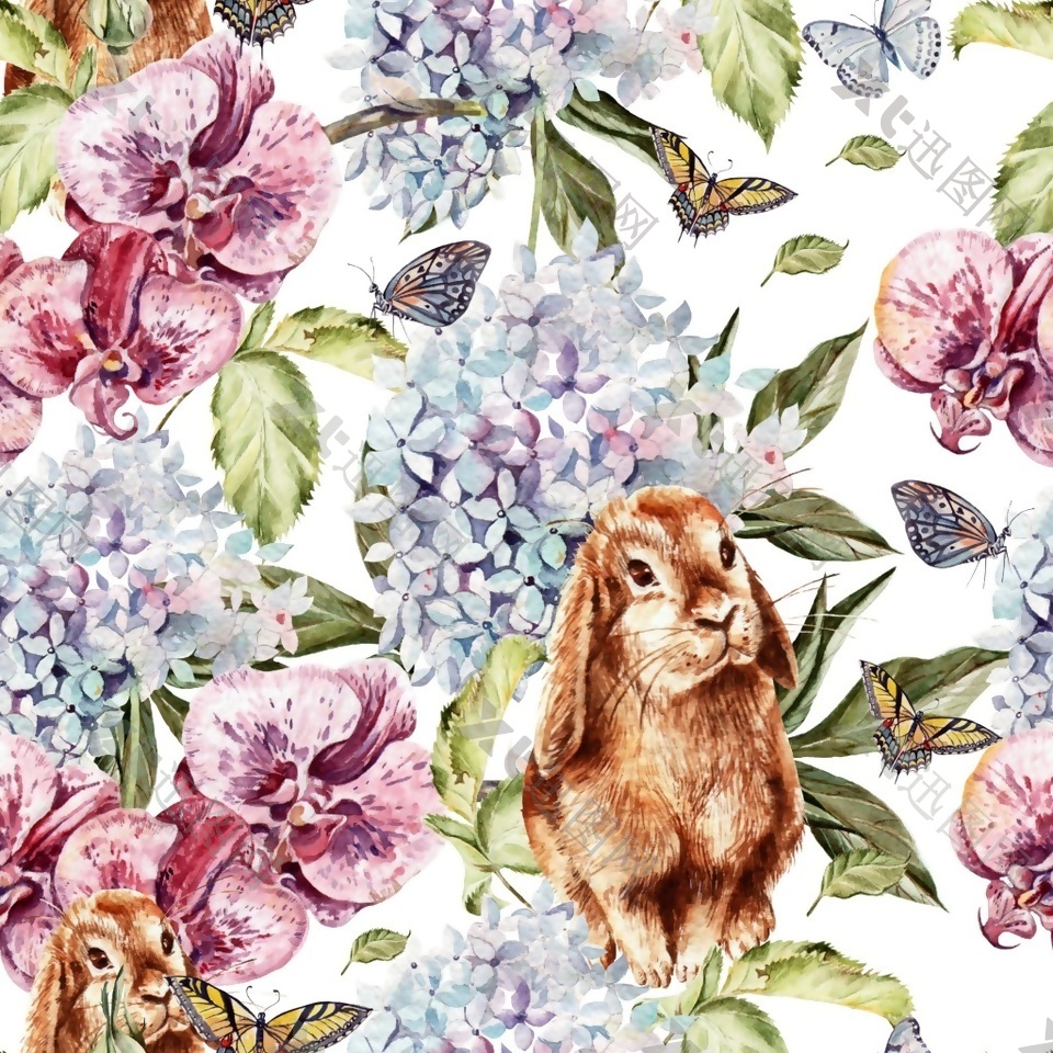 手绘兔子花朵花丛填充背景图