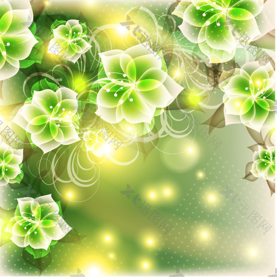 梦幻绿色透明花朵背景