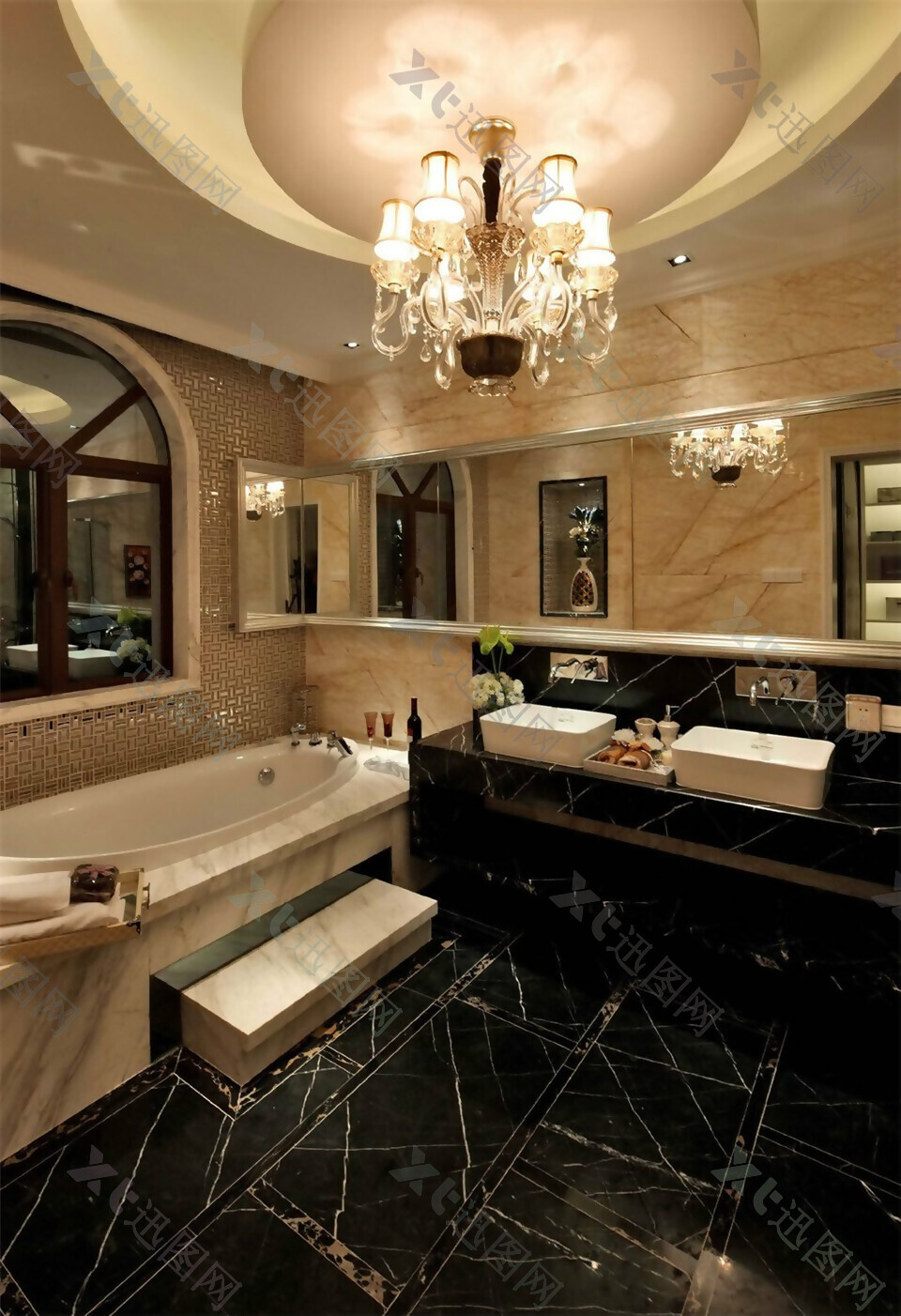 现代时尚浴室黑色大理石纹理地板室内装修图