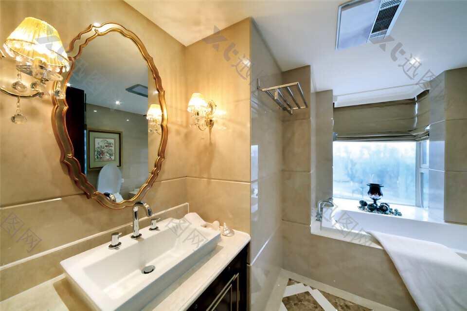 简约室内卫生间浴缸洗脸盆镜子壁灯装修