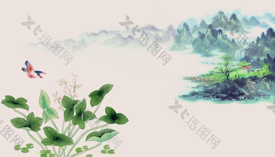 古典中国风山水花朵背景