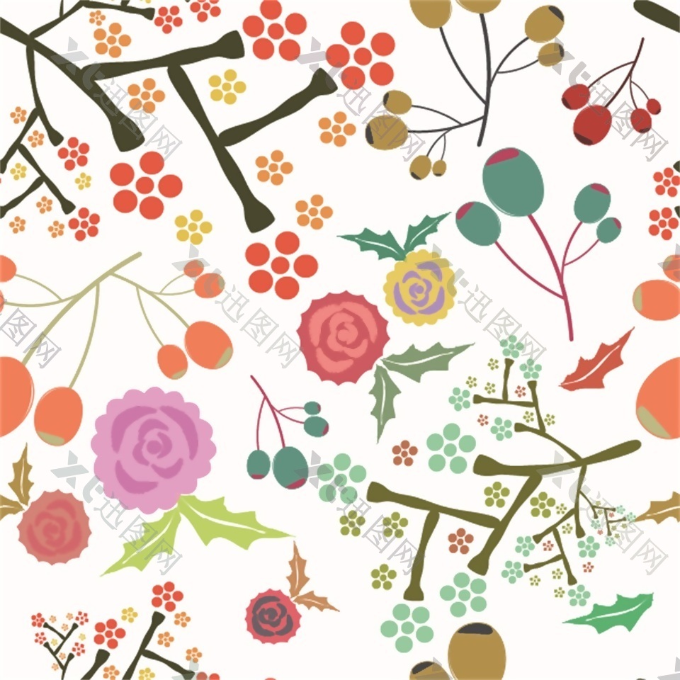 彩色树枝花朵卡通填充背景矢量素材